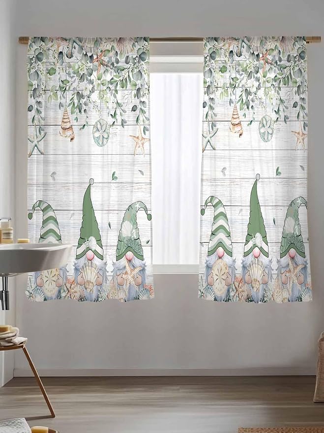 Sheer Curtains 72 Inches Long, Coastal Eucalyptus Leaf Semi Sheer Curtains Light Filtering Window Treatment, Sage Green Gnomes Starfish Privacy Voile Drapes for Living Room Bedroom 52x72 Inch