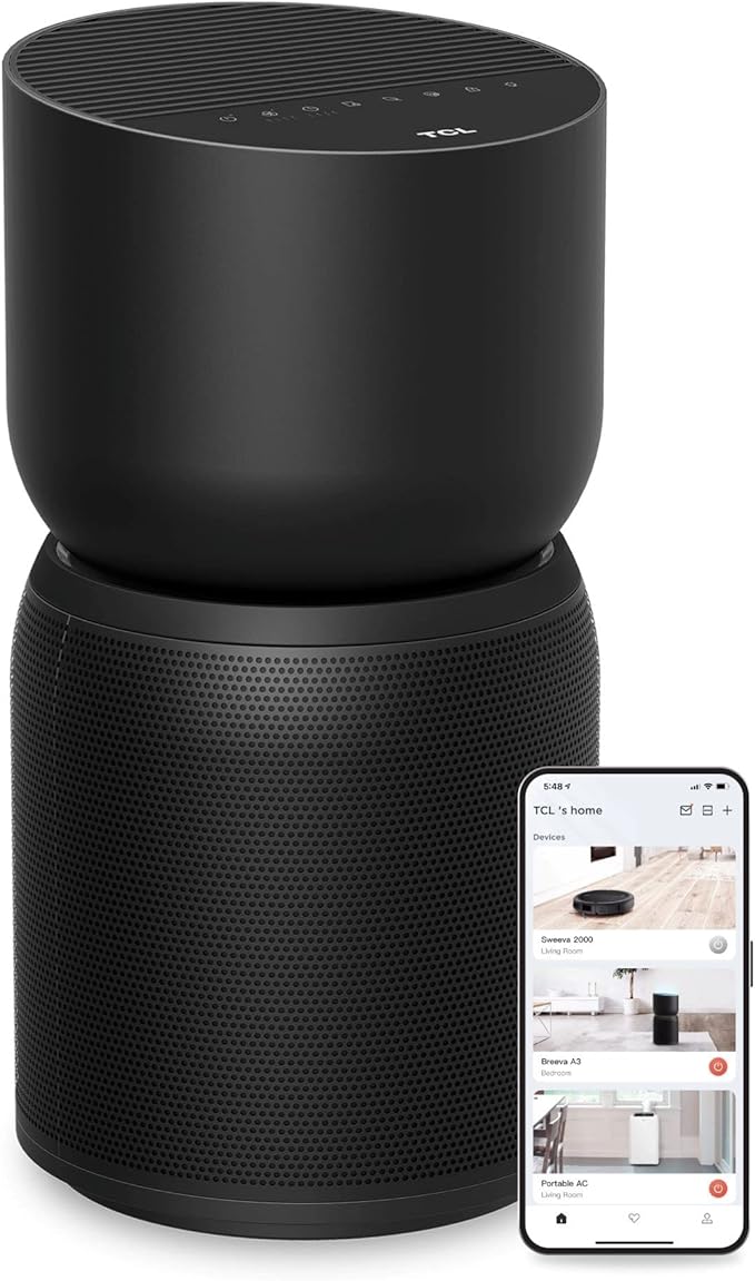 TCL Breeva A3 Smart Air Purifier with 5-Stage Clean, True HEPA (H13), Removes 99.97% of Dust/Bacteria/Odors & More, App & Voice Control, Auto Shield, Ultra-Quiet, Black (A315B)