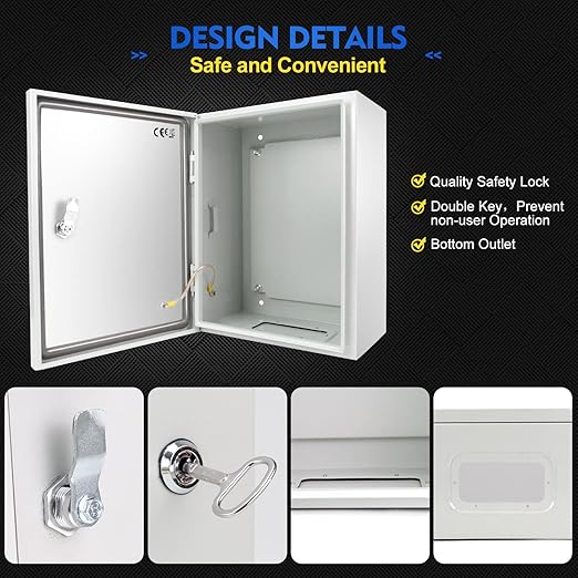 Outdoor Electrical Box, Steel Junction Box 16 x 12 x 8'', NEMA 4X Electrical Enclosure Box IP66 Waterproof & Dustproof, Universal Electrical Project Box with Lock & Mounting Plate
