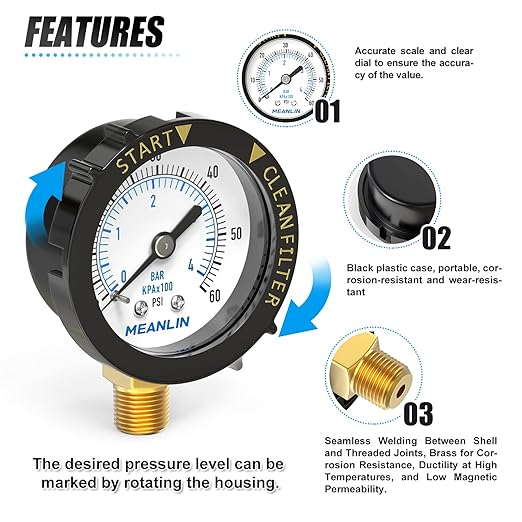 MEANLIN MEASURE 0~60Psi Plastic Frame 1/4" NPT Start and Clean Filter Pressure Gauge, Suitable for Swimming Pool, Spa, Aquarium (0-60Psi/0-4BAR/KIT, Lower Mount)
