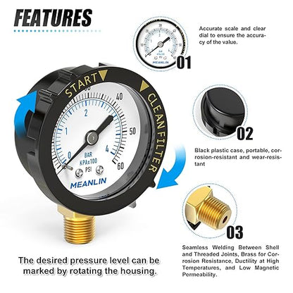 MEANLIN MEASURE 0~60Psi 1/4" NPT Start and Clean Filter Pressure Gauge, Suitable for Swimming Pool, Spa, Aquarium, Lower Mount(Pack of 2), with 1/2" NPT and 3/8" NPT Hex Bushing
