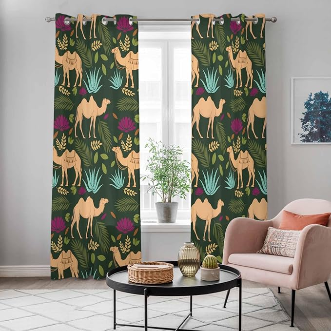 2 Panel Kitchen Cafe Curtains, Retro Desert Camel Sunlight Filtering Nature Air Through, Window Decor Tier Curtains for Living Room 80W x 84L inch Tropical Animal Aloe Vera Leaves Dark Green