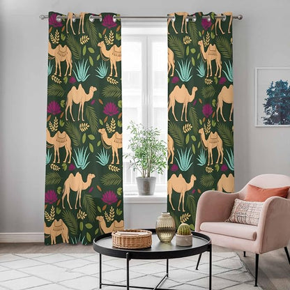 2 Panel Kitchen Cafe Curtains, Retro Desert Camel Sunlight Filtering Nature Air Through, Window Decor Tier Curtains for Living Room 80W x 84L inch Tropical Animal Aloe Vera Leaves Dark Green