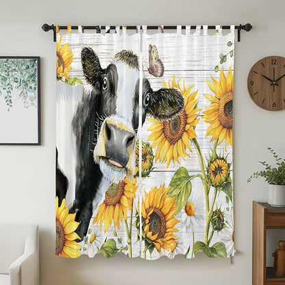 Retro Farmhouse Floral Living Room Curtains 84 Inch Length, Window Curtains Tab Top, Yellow Sunflowers Cows Butterfly Wood Light Filtering Window Treatments Drapes 52"x84" 2 Panel