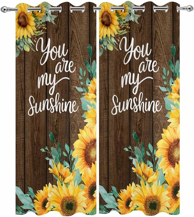 Summer Outdoor Curtains for Patio Sunflowers Eucalyptus Leaves Wood Waterproof Outside Curtains with Grommet Top Weatherproof Curtain for Cabana Pergola Gazebo, 2 Pack, 54" W x 84" L