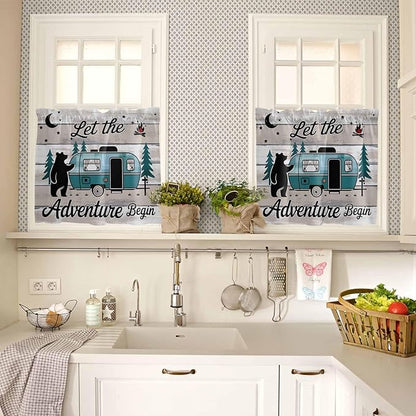 Farmhouse Bear Camper Van Tree Window Valance Curtains, Vintage Wood Grain Light Filtering Kitchen Valance with 3-inch Rod Pocket for Living Room Bathroom Bedroom,2 Panel,27.5x36In