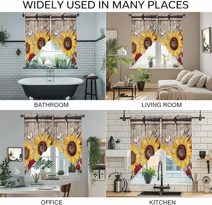 Sunflowers Swag Valances for Windows, Retro Flower Barn Doors Butterfly Farmhouse Brown Rod Pocket Kitchen Curtains Valance, Kitchen Window Curtains Swag for Cafe Living Room, 2 Panels, 36x45 inch