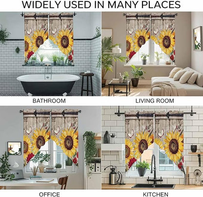 Sunflowers Swag Valances for Windows, Retro Flower Barn Doors Butterfly Farmhouse Brown Rod Pocket Kitchen Curtains Valance, Kitchen Window Curtains Swag for Cafe Living Room, 2 Panels, 36x45 inch