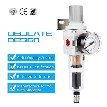 NANPU 1/4" NPT Compressed Air Filter Regulator Combo Piggyback, 5 Micron Brass Element, Poly Bowl, Semi-Auto Drain, Metal Bracket, 0-150 psi Gauge