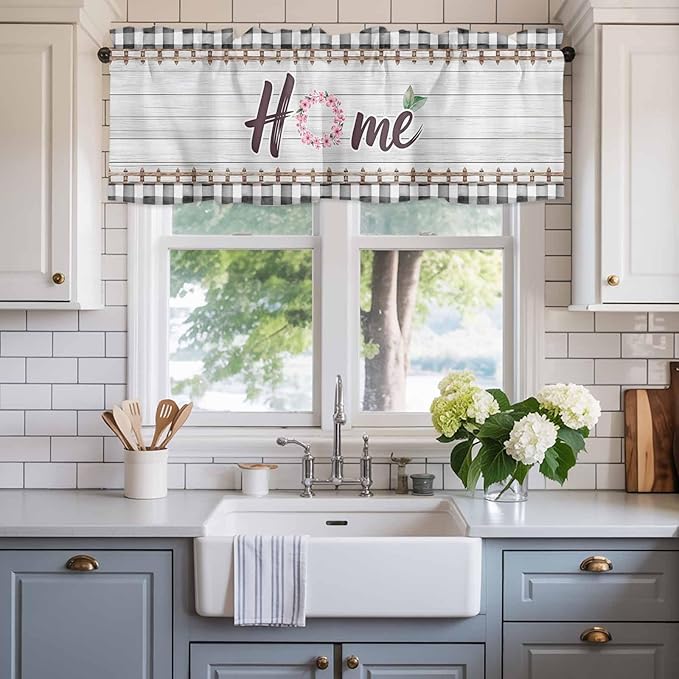 Spring Flowers Curtain Valances for Windows, Kitchen Valance Window Treatment, Farmhouse Watercolor Black Plaid Wood Grain Light Filtering Block Curtains for Bathroom/Bedroom/Living Room 60'' x 18''