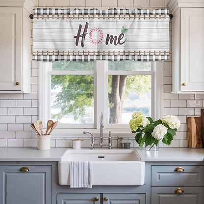Spring Flowers Curtain Valances for Windows, Kitchen Valance Window Treatment, Farmhouse Watercolor Black Plaid Wood Grain Light Filtering Block Curtains for Bathroom/Bedroom/Living Room 60'' x 18''
