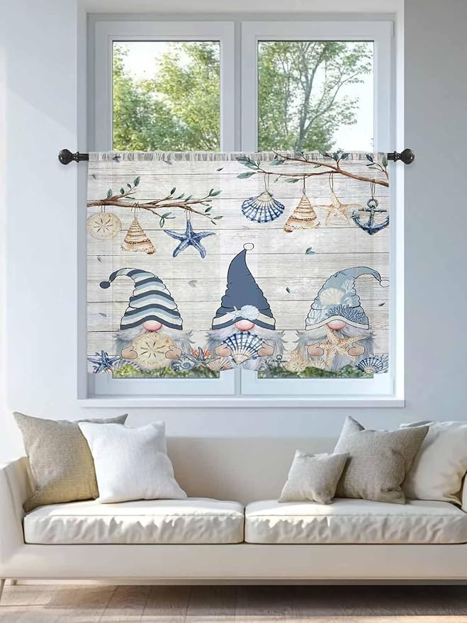 Sheer Curtains 45 Inch Length, Coastal Eucalyptus Semi Sheer Curtains Light Filtering Window Treatment, Ocean Blue Gnomes Starfish Leaf Wood Grain Privacy Voile Drapes for Living Room 52x45 Inch