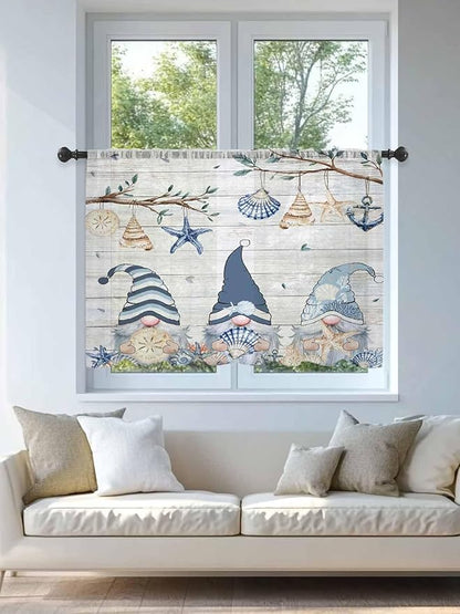Sheer Curtains 45 Inch Length, Coastal Eucalyptus Semi Sheer Curtains Light Filtering Window Treatment, Ocean Blue Gnomes Starfish Leaf Wood Grain Privacy Voile Drapes for Living Room 52x45 Inch