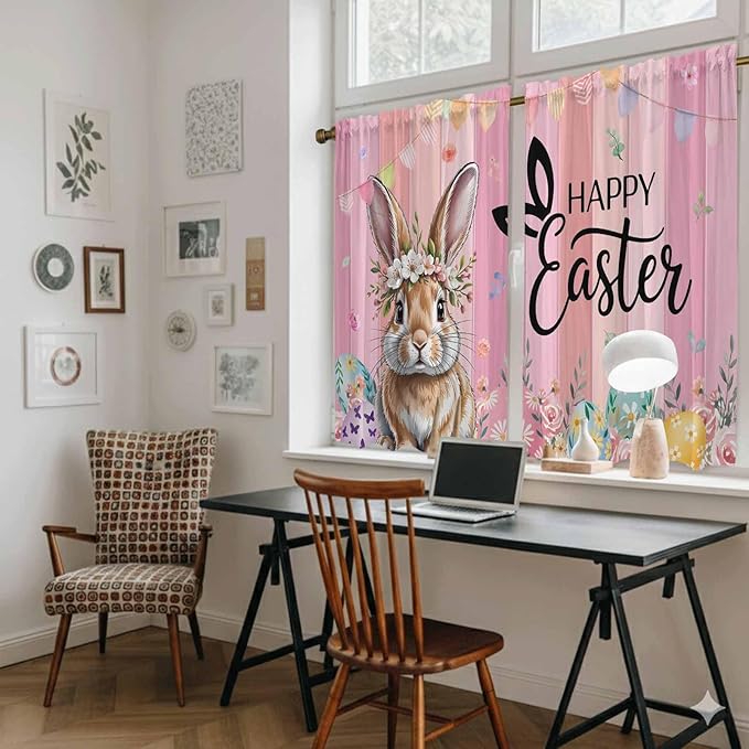 Easter Tier Curtains, Spring Rabbit Eggs Flowers Flags Leaves Wood Grain Light Filtering Kitchen Curtains, 2Pcs Rod Pocket Half Window Treatments Panels for Sink Cafe Cabinet Basement 27.5x45 Inches
