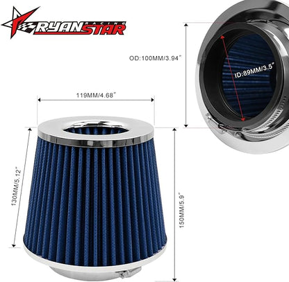RYANSTAR RACING 89mm 3.5" High Flow Round Tapered Cone Cool Air Filter Cleaner with Top Filter Design Short 150mm tall Blue
