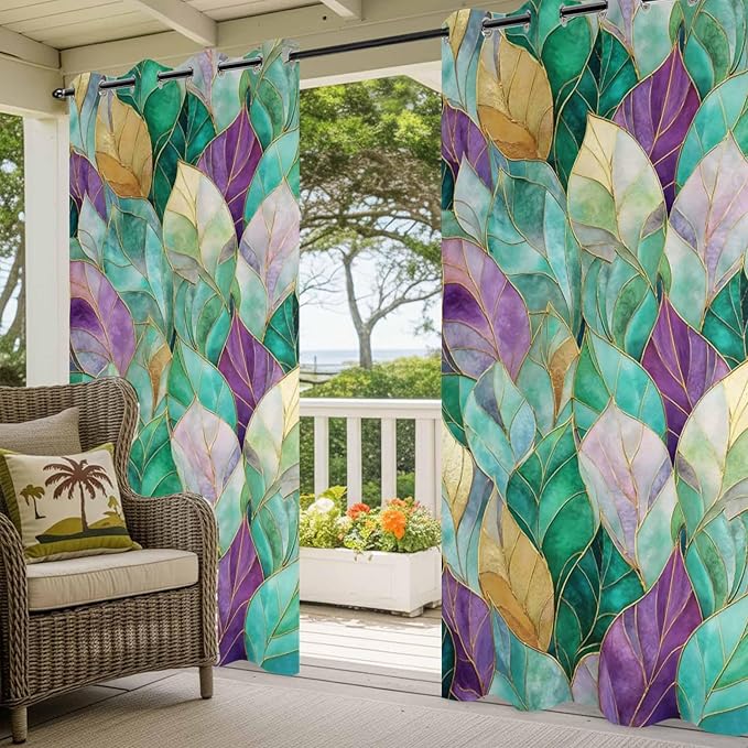 Leaves Outdoor Curtains for Patio Gorgeous Leaf Abstract Spring Waterproof Outside Curtains with Grommet Top Weatherproof Curtain for Cabana Pergola Gazebo, 2 Pack, 54" W x 108" L
