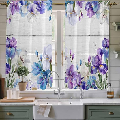 Spring Flowers Kitchen Curtains, Watercolor Garden Florals Wooden Grain Light Filtering Window Curtain Panels, 2Pcs Rod Pocket Window Treatments Set for Living Room Bathroom Bedroom 42x63 Inches