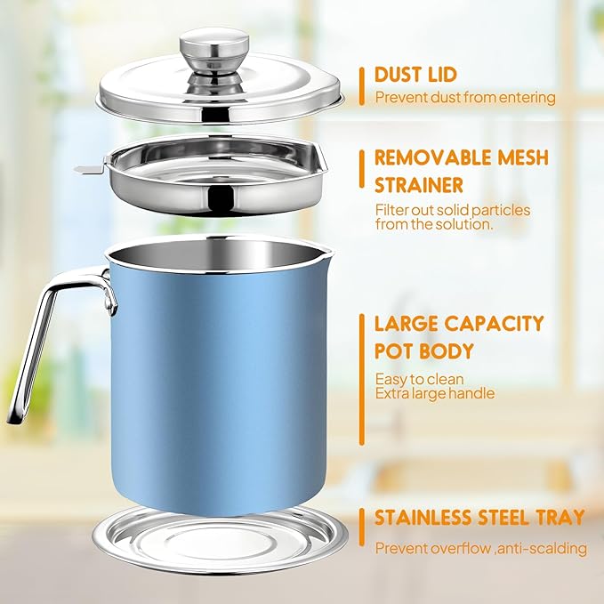 Chihee Stainless Steel Bacon Grease Saver - 2L / 67.6 fl oz Oil Container with Fine Mesh Strainer and Non-slip Tray for Kitchen Storing Frying Cooking Grease