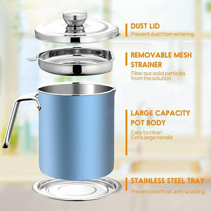 Chihee Stainless Steel Bacon Grease Saver - 2L / 67.6 fl oz Oil Container with Fine Mesh Strainer and Non-slip Tray for Kitchen Storing Frying Cooking Grease