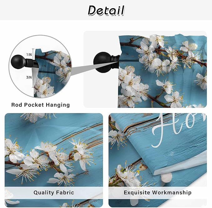 Farmhouse Wooden Grain Kitchen Curtains, Vintage Shabby Chic Flower Blue Light Filtering Window Curtain Panels, 2Pcs Rod Pocket Window Treatments Set for Cabin Bathroom Bedroom 52x45 Inches