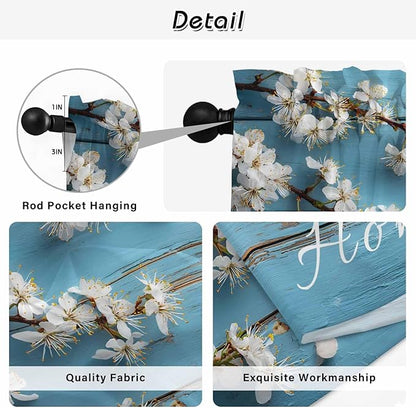 Farmhouse Wooden Grain Kitchen Curtains, Vintage Shabby Chic Flower Blue Light Filtering Window Curtain Panels, 2Pcs Rod Pocket Window Treatments Set for Cabin Bathroom Bedroom 52x45 Inches