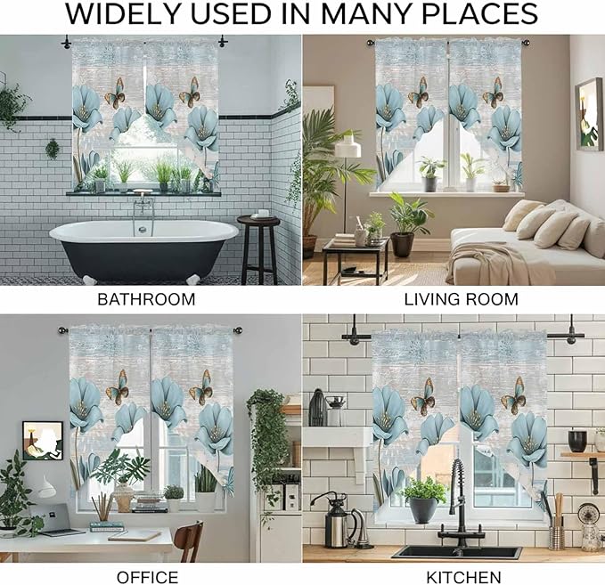 Spring Floral Swag Valances for Windows, Vintage Tulips Flower Butterfly Retro Wood Blue Rod Pocket Kitchen Curtains Valance, Kitchen Window Curtains Swag for Cafe Living Room, 2 Panels, 36x45 inch