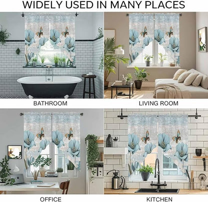 Spring Floral Swag Valances for Windows, Vintage Tulips Flower Butterfly Retro Wood Blue Rod Pocket Kitchen Curtains Valance, Kitchen Window Curtains Swag for Cafe Living Room, 2 Panels, 36x45 inch