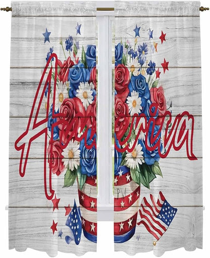 Independence Day Window Curtains 72 Inch Long 2 Panel Set, Rod Pocket Long Curtains & Drapes, 4 of July Rose Wooden Grain Vintage Light Filtering Window Treatment for Bedroom Living Room 52"W x 72"L
