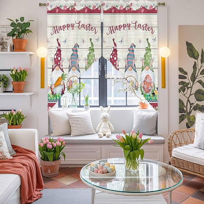 Swag Curtain,Happy Easter Gnomes with Eggs on Grass Kitchen Valances Rod Pocket Curtains Tier Pair Swag Topper,Spring Floral on Wood Barn 2 Panels Window Treatment for Bathroom Living Room Bedroom