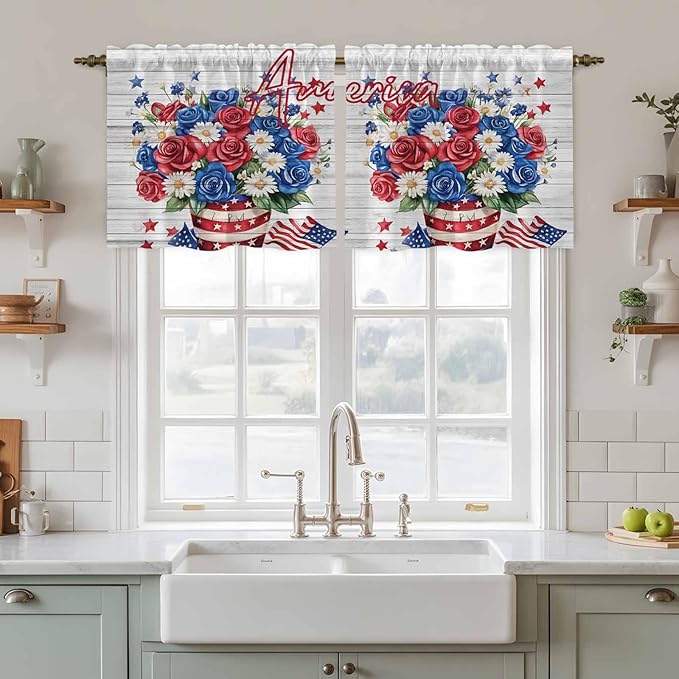 Independence Day Kitchen Tier Curtains 36 Inch Long 2 Panel Set,Rod Pocket Half Window Curtains Over Sink,4 of July Rose Wooden Grain Vintage Light Filtering Short Drapes Cafe 27.5"W x 36"L