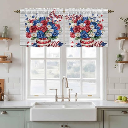Independence Day Kitchen Tier Curtains 36 Inch Long 2 Panel Set,Rod Pocket Half Window Curtains Over Sink,4 of July Rose Wooden Grain Vintage Light Filtering Short Drapes Cafe 27.5"W x 36"L