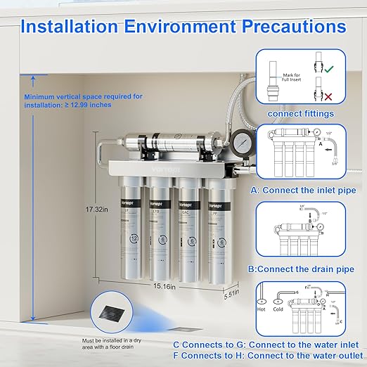 Vortopt Under Sink Water Filtration System,NSF Certified to Standards, Stainless Steel Water Filter,0.01μm Fine Filtration,Retains Beneficial Minerals,with Pressure Gauge,U2 (5 Filters)