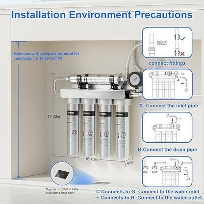 Vortopt Under Sink Water Filtration System,NSF Certified to Standards, Stainless Steel Water Filter,0.01μm Fine Filtration,Retains Beneficial Minerals,with Pressure Gauge,U2 (5 Filters)