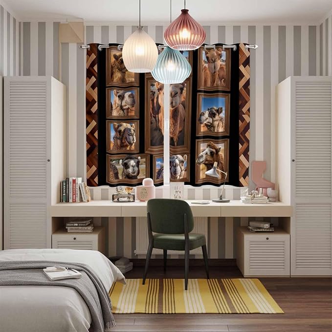 2 Panel Kitchen Cafe Curtains, Desert Camels Sunlight Filtering Nature Air Through, Home Decor Window Covering Tier Curtains for Living Room 104W x 84L inch Brown Wildlife Farmhouse Animals Rustic