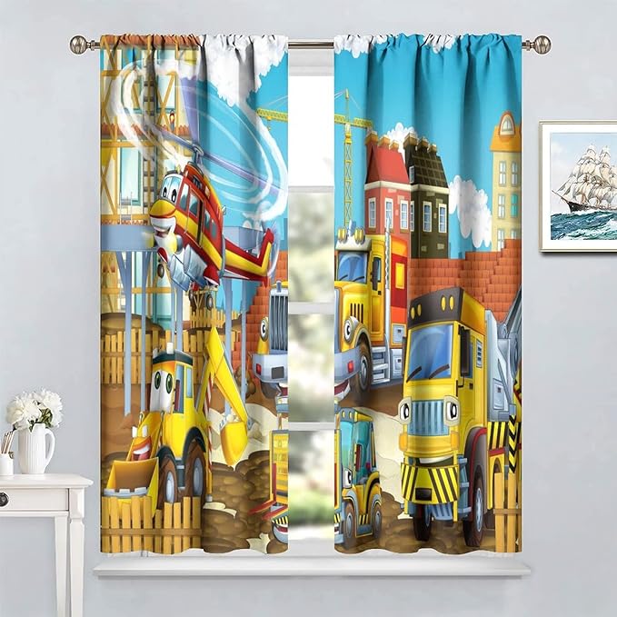 Kids Cartoon Construction Window Curtains, Funny Construction Site Cars and Helicopter Rod Pocket Decorative Windows Curtain for Children Teens Room Decor 42x63in (30% Blackout)