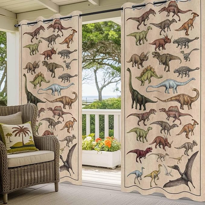 Vintage Outdoor Curtains for Patio Dinosaurs Biographies Retro Waterproof Outside Curtains with Grommet Top Weatherproof Curtain for Cabana Pergola Gazebo, 1 Panel, 54" W x 84" L