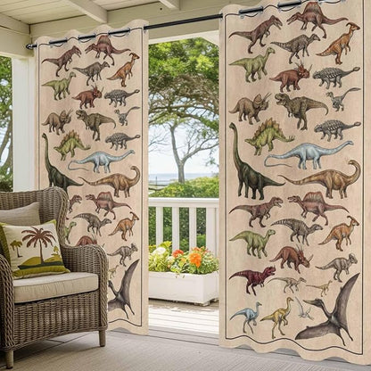 Vintage Outdoor Curtains for Patio Dinosaurs Biographies Retro Waterproof Outside Curtains with Grommet Top Weatherproof Curtain for Cabana Pergola Gazebo, 1 Panel, 54" W x 108" L