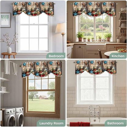 Country Flower Tie Up Valance for Window, Western Texas Star Butterfly Barn Door Adjustable Balloon Window Shade Valance Curtain for Kitchen Cafe Bathroom Window Treatment Panel 42''x12''