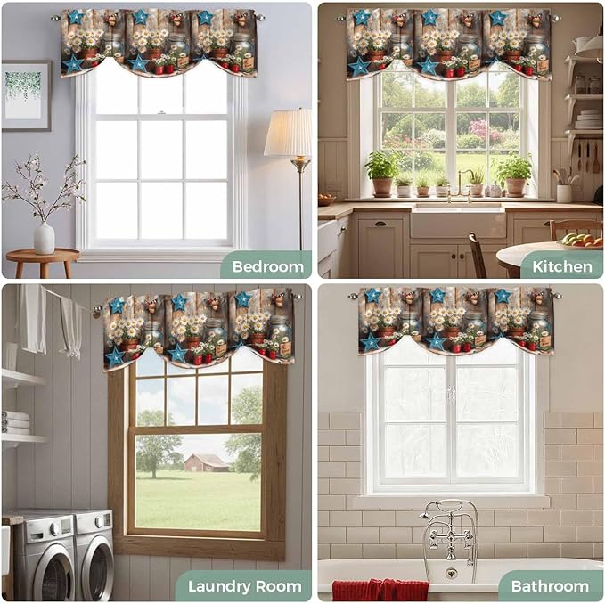 Country Flower Tie Up Valance for Window, Western Texas Star Butterfly Barn Door Adjustable Balloon Window Shade Valance Curtain for Kitchen Cafe Bathroom Window Treatment Panel 60''x18''