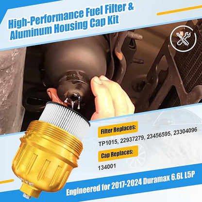 iFJF TP1015 Fuel Filter and 134001 Housing Cap Replacement for Duramax 6.6L 2017-2024 Chevy Silverado/GMC Sierra 2500HD 3500HD L5P Diesel Engine (Gold Cap)