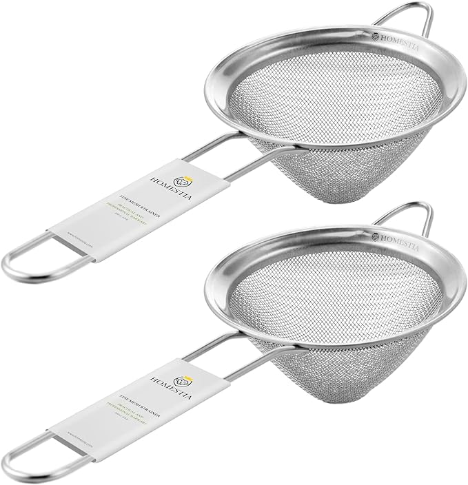 Homestia 2 Piece 3.3" Fine Mesh Strainer for Kitchen, 304 Stainless Steel Cocktail Sieve Sifters for Food, Liquid Strainer for Drinks, Tea, Coffee, Juice, Flour, Fruits, Vegetables (Silver, 2 Pack)