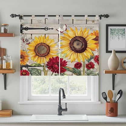 Red Yellow Sunflowers Kitchen Curtains 45 Inch Length, Short Cafe Window Curtains Tab Top, Retro Rustic Barn Doors Butterfly Brown Light Filtering Window Treatments Tier Drapes 27.5"x45" 2 Panel