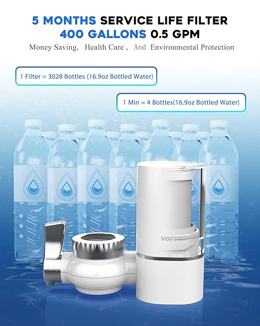 Faucet Water Filter for Sink, Rapid Flow - 400 Gallons Faucet Mount Water Filtration System for Tap Water, NSF Certified Reduces Chlorine & Bad Taste with 2 Replacements, T1