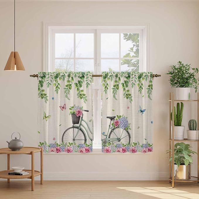 Farmhouse Spring Kitchen Curtains, Retro Bicycles Flowers Vines Butterfly Light Filtering Window Curtain Panels, 2Pcs Rod Pocket Window Treatments Set for Cabin Bathroom Bedroom 52x45 Inches
