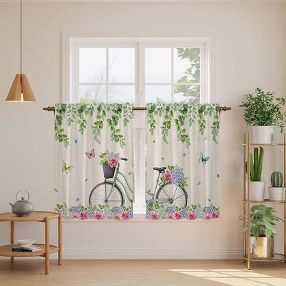 Farmhouse Spring Kitchen Curtains, Retro Bicycles Flowers Vines Butterfly Light Filtering Window Curtain Panels, 2Pcs Rod Pocket Window Treatments Set for RV Dining Room Study Room 42x45 Inches