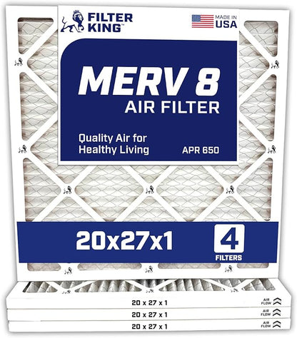 Filter King 20x27x1 Air Filter | 4-PACK | Carbon MERV 8 HVAC Pleated A/C Furnace Filters | MADE IN USA | Actual Size: 20 x 27 x .75"