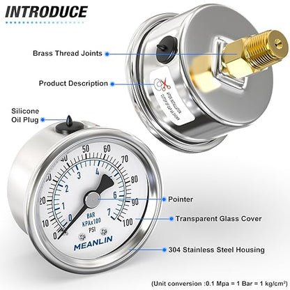 MEANLIN MEASURE 0~100Psi Dry Pressure Gauge Stainless Steel 1/4" NPT 2" FACE DIAL Waterproof for Well Pump Water Tire Water Pressure Tester Back Mount, with 1/2" NPT and 3/8" NPT Hex Bushing