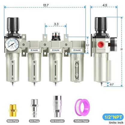 TAILONZ PNEUMATIC 0-240PSI 1/2 Inch NPT Industrial Grade 4 Stage Air Drying System, Double Particulate Filter, Coalescing Filter, Desiccant Dryer and Air Regulator (Manual Drainage)