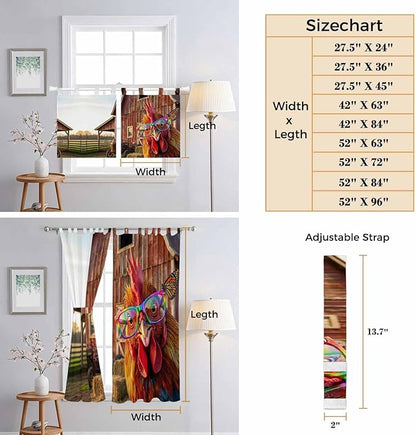 Farm Rooster Living Room Curtains 96 Inch Length, Window Curtains Tab Top, Farmhouse Barn Funny Animals Butterfly Light Filtering Window Treatments Drapes 52"x96" 2 Panel