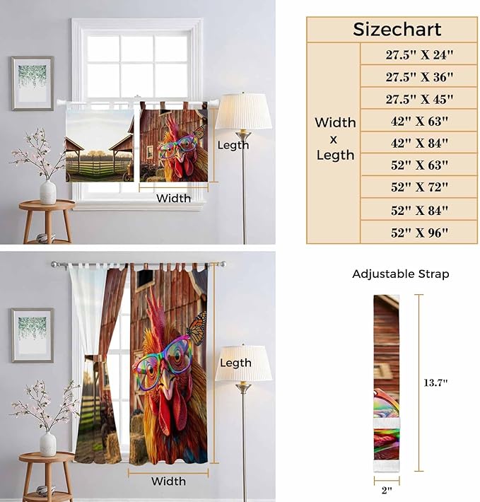 Farm Rooster Living Room Curtains 84 Inch Length, Window Curtains Tab Top, Farmhouse Barn Funny Animals Butterfly Light Filtering Window Treatments Drapes 42"x84" 2 Panel